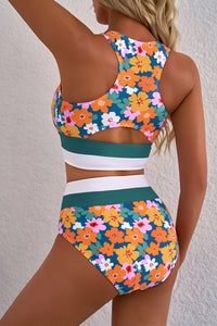 Teal Green Floral Print Racerback High Waist 2-Pc. Bikini