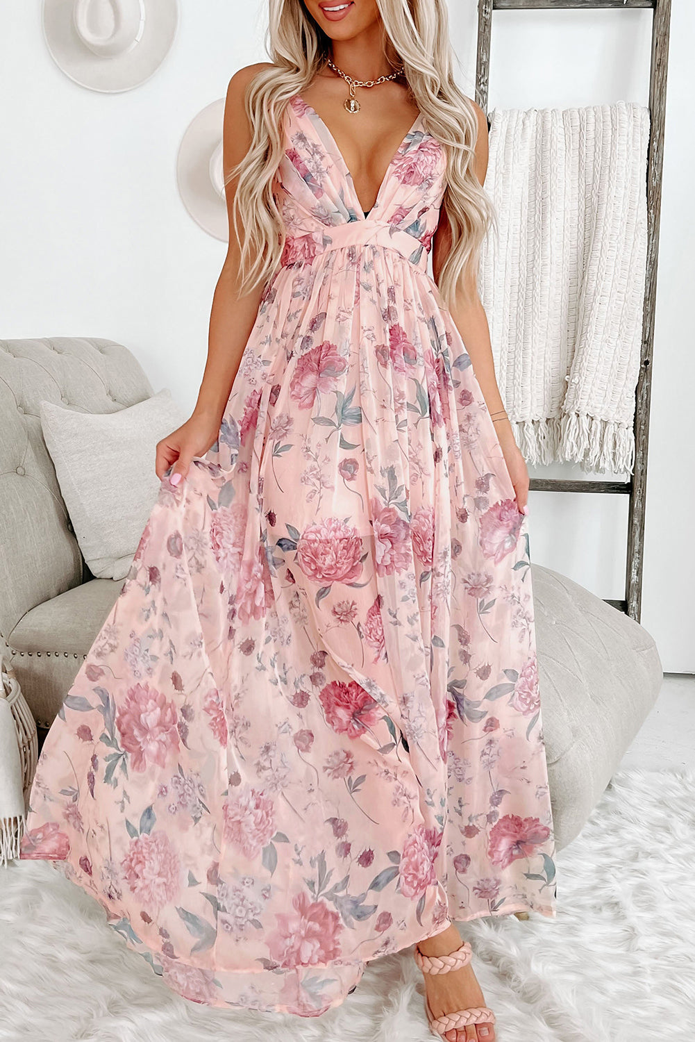 Pink Floral Pleated Plunging V-Neck Empire Waist Backless Maxi Dress
