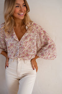 Pink Floral Silver Accent Print Bishop Sleeve Collared V-Neck Blouse