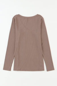 Taupe V-Neck Chest Pocket Ribbed Knit Top