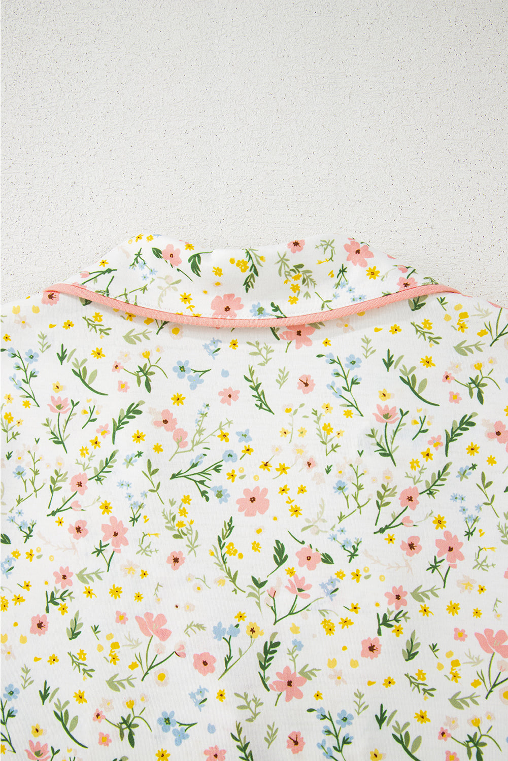 White Spring Floral Pink Contrast Button Up Top and Shorts Pajama Lounge Set
