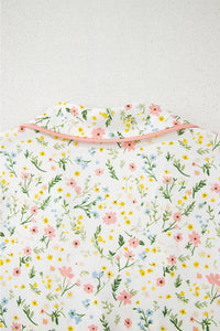 White Spring Floral Pink Contrast Button Up Top and Shorts Pajama Lounge Set