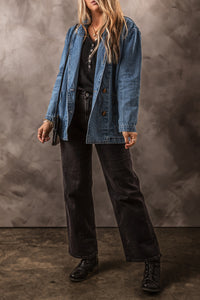 Medium Wash Side Pockets Lapel Collar 2-Button Denim Jacket