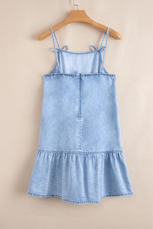 Light Wash Spaghetti Straps Ruffled Denim Sun Dress