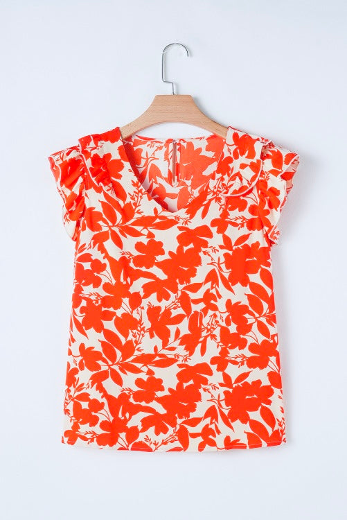 Orange Floral Ruffle Flutter Sleeve Blouse