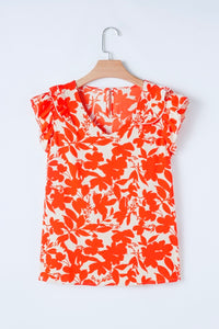 Orange Floral Ruffle Flutter Sleeve Blouse