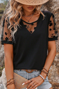 Black Floral Lace V-Neck Cut-out Short Sleeve Top