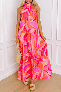 Pink and Orange Abstract Printed High Neck Halter Maxi Dress