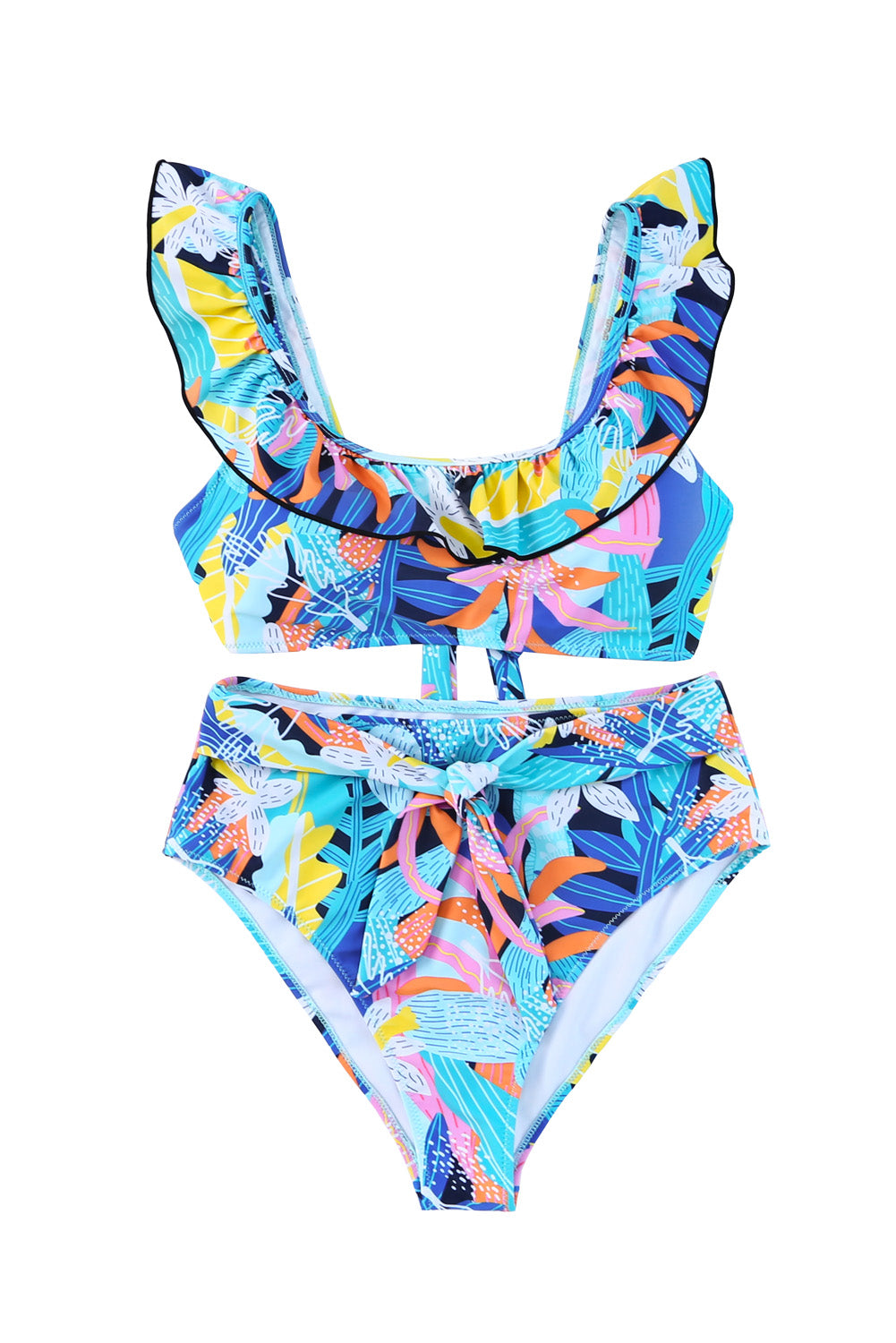 Caribbean Blue Tropical Print Ruffled Square Neck High Waist Swimsuit