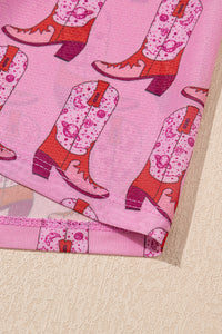 Pink Cowgirl Boots Print Mock Neck Long Sleeve Mesh Top