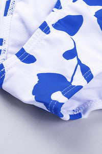 Solid Color Snap Neckline Top Printed Bottom Tankini