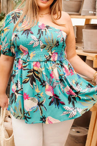Tropical Teal Plus Size Smocked One Shoulder  Babydoll Blouse