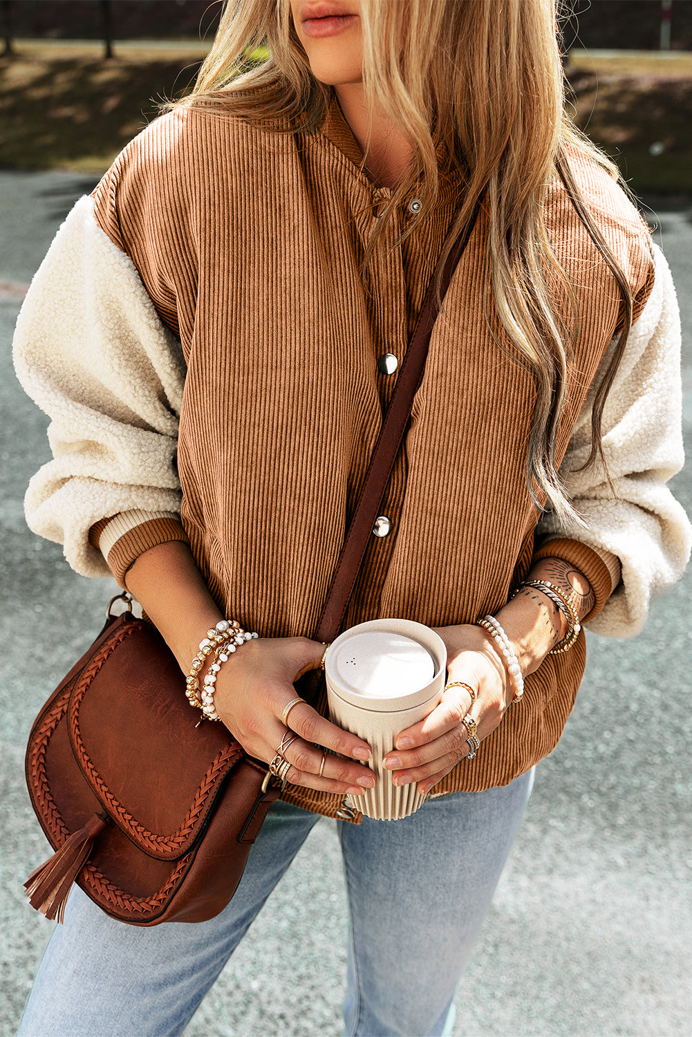 Tan & Cream Corduroy Fleece Button Up Varsity Jacket