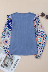 Medium Blue Ruffled Floral Sleeve Waffle Knit Round Neck Shirt