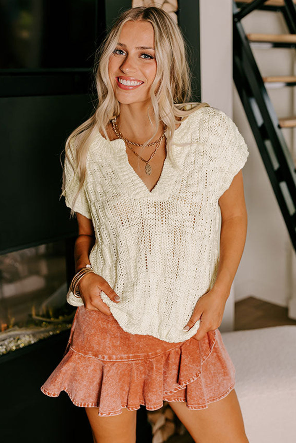 Ivory Split V-Neck Sleeveless Loose Knit Sweater