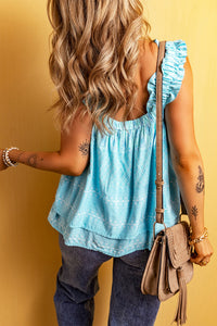 Sky Blue Paisley Print Ruffled Strap Tank Top