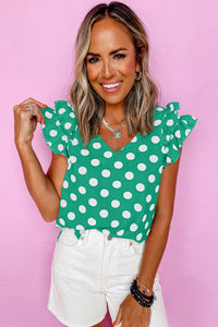 Polka Dot Print V-Neck Ruffled Flutter Sleeve Blouse