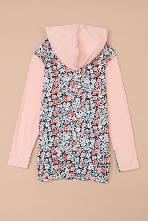 Peachy Pink Daisy Print Half Zip Lightweight Hoodie