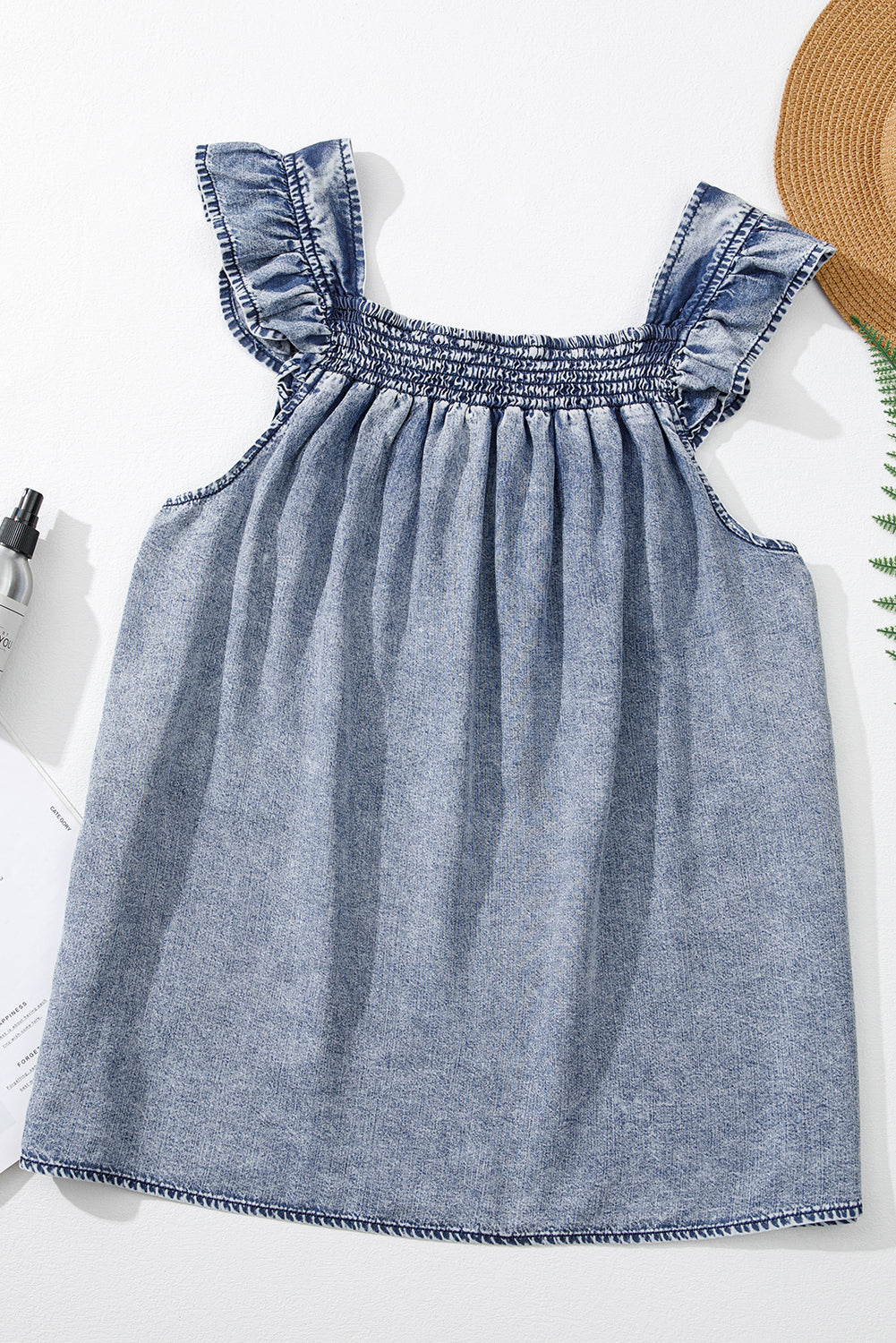 Medium Wash Ruffled Smock Neckline Sleeveless Denim Tank Top