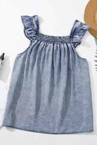 Medium Wash Ruffled Smock Neckline Sleeveless Denim Tank Top