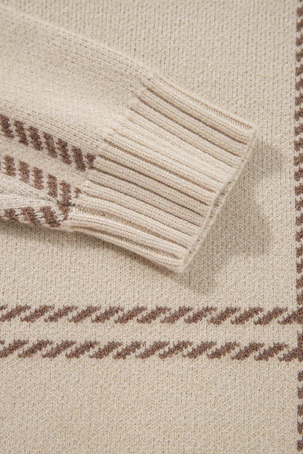 Beige Window Pane Plaid Drop Shoulder Knit Sweater