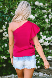 Fuchsia Pink Asymmetric One Shoulder Ruffle Sleeve Blouse