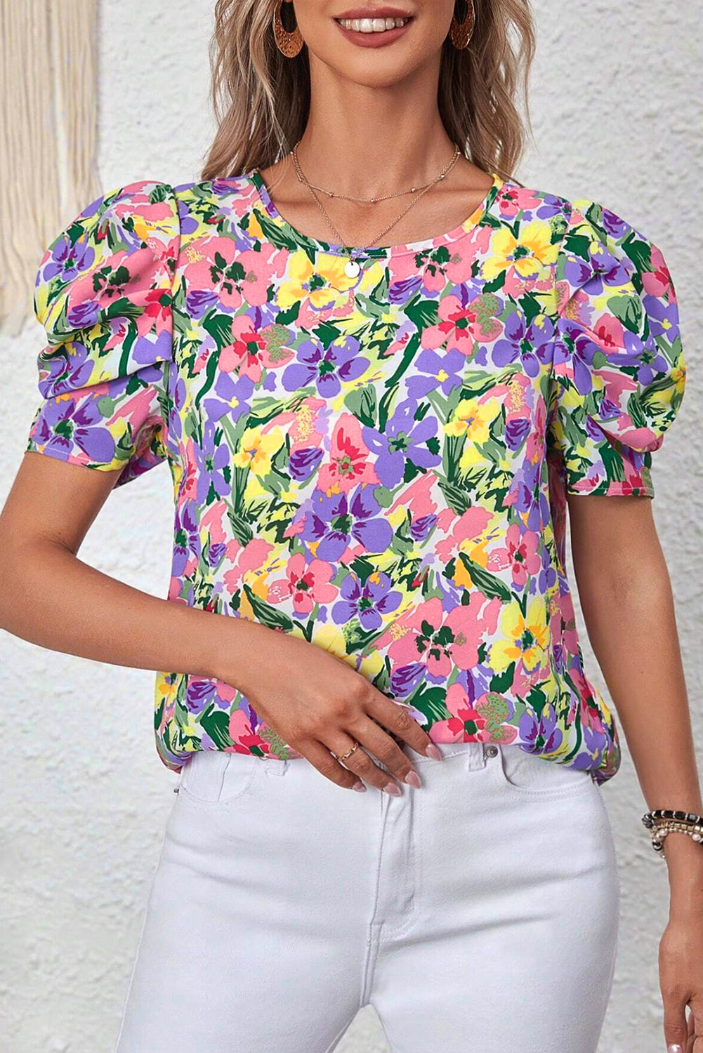 Purple Yellow Floral Keyhole Back Short Sleeve Blouse
