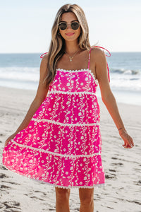 Bright Pink Floral Scalloped Trim Tiered Mini Dress