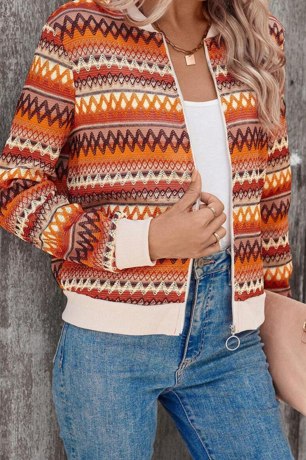 Rustic Fall Boho Striped Zip Up Long Sleeve Jacket