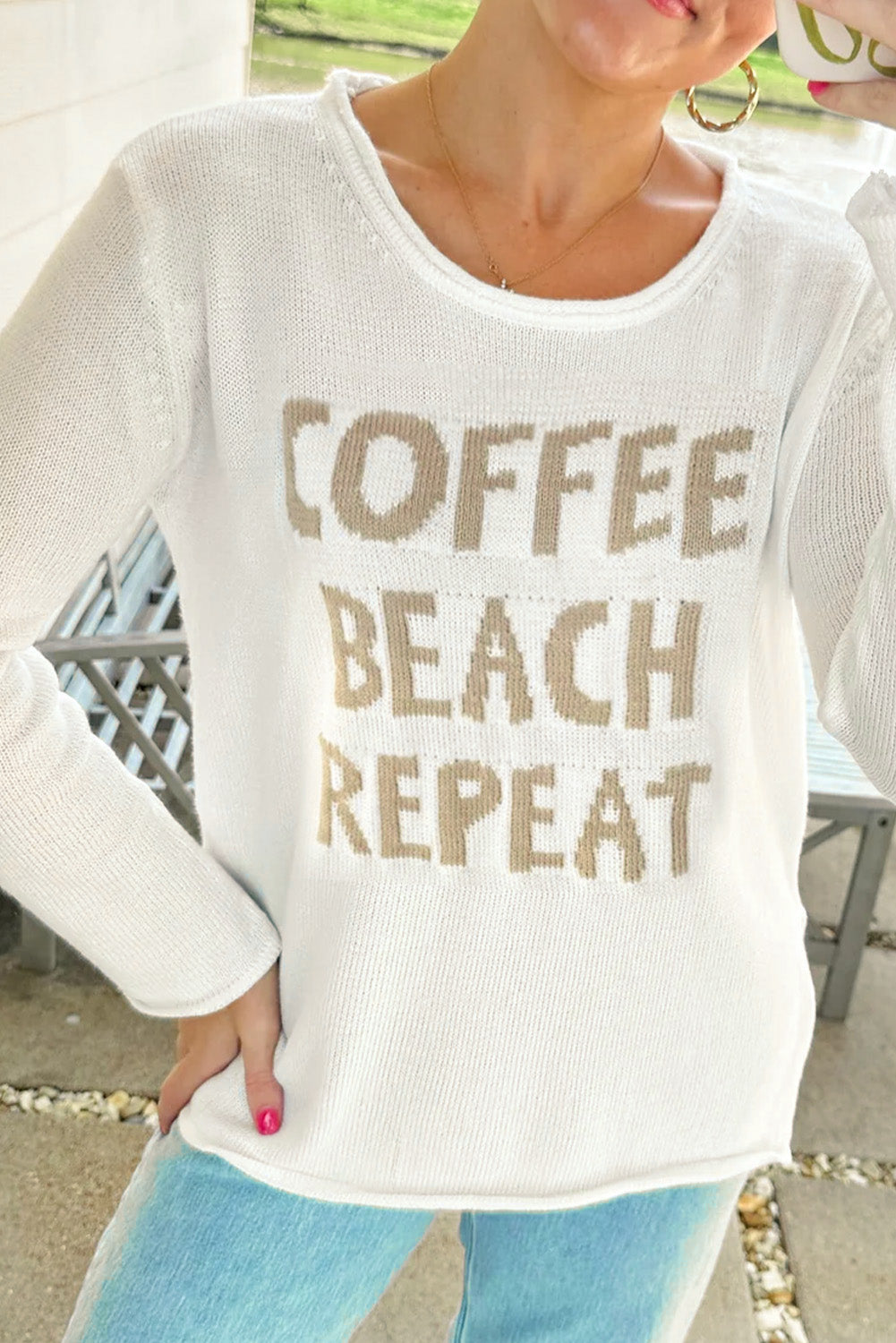 White COFFEE BEACH REPEAT Graphic Knit Sweater