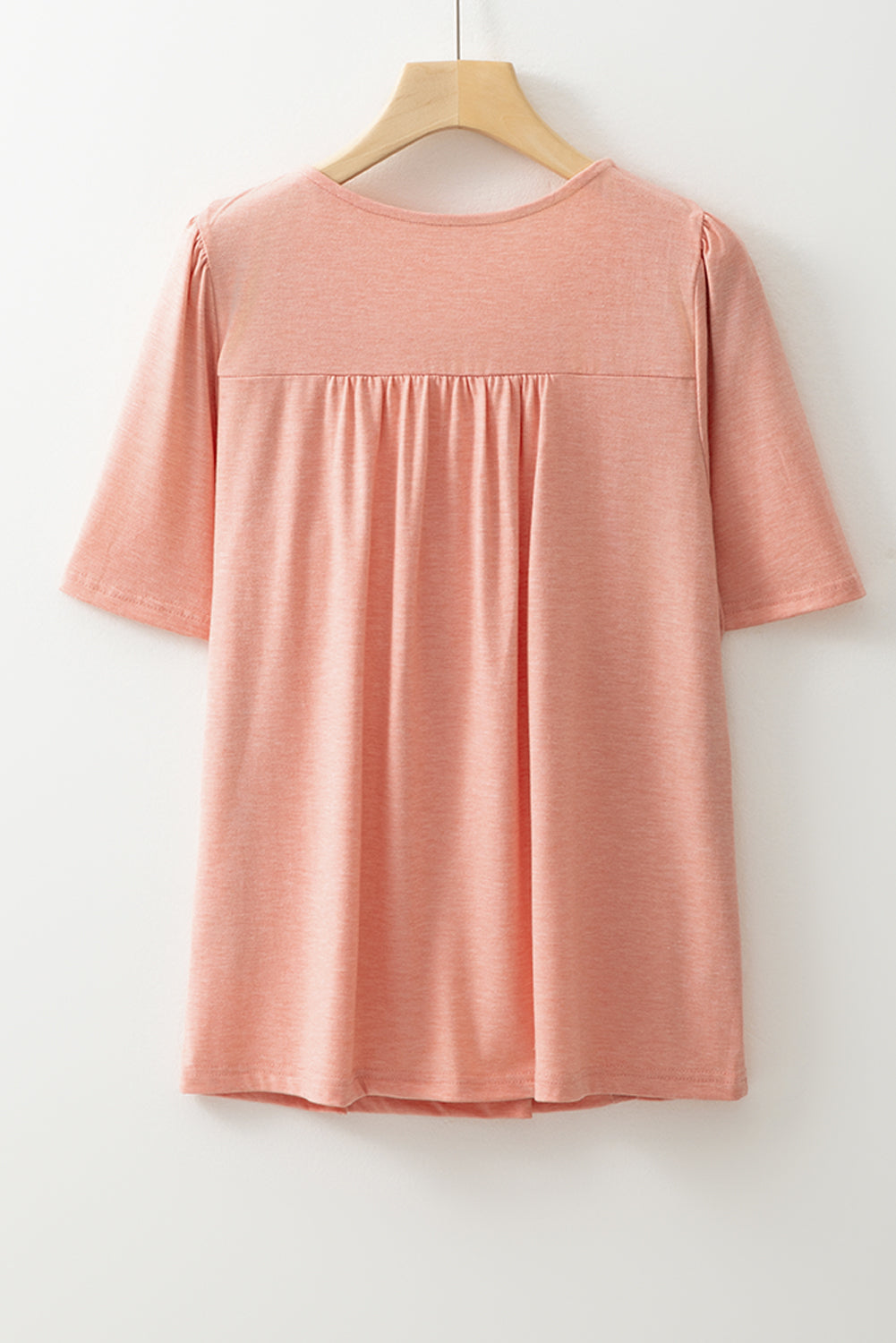 Peach Smocked V-Neck Pleated Babydoll Short Sleeve Top