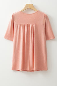 Peach Smocked V-Neck Pleated Babydoll Short Sleeve Top