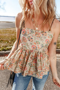 Beige and Peach Floral Black Tasseled Spaghetti Straps Ruffled Peplum Tank Top