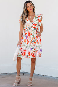 Orange Floral V-Neck High Waist Ruffle Cap Mini Dress