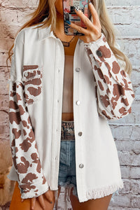 Brown Cow Print Patchwork Distressed Hem Long Denim Jacket