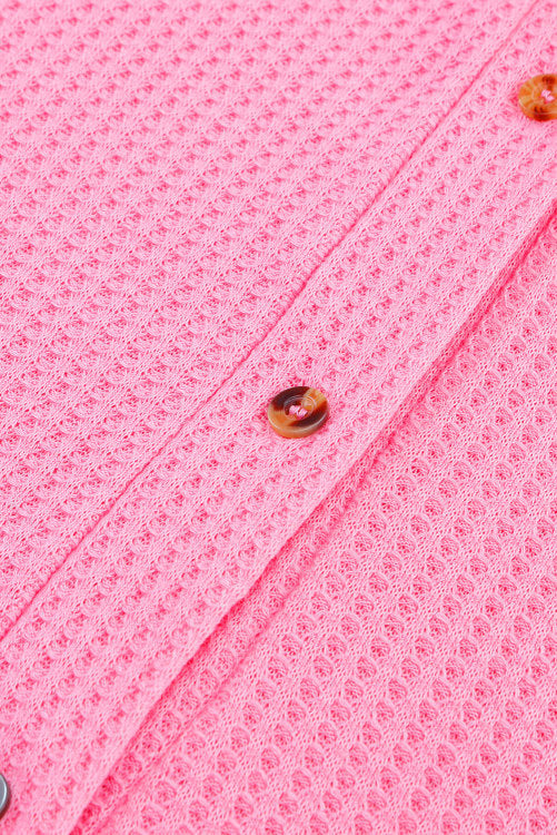 Pink Waffle Knit Button Up V-Neck Cardigan