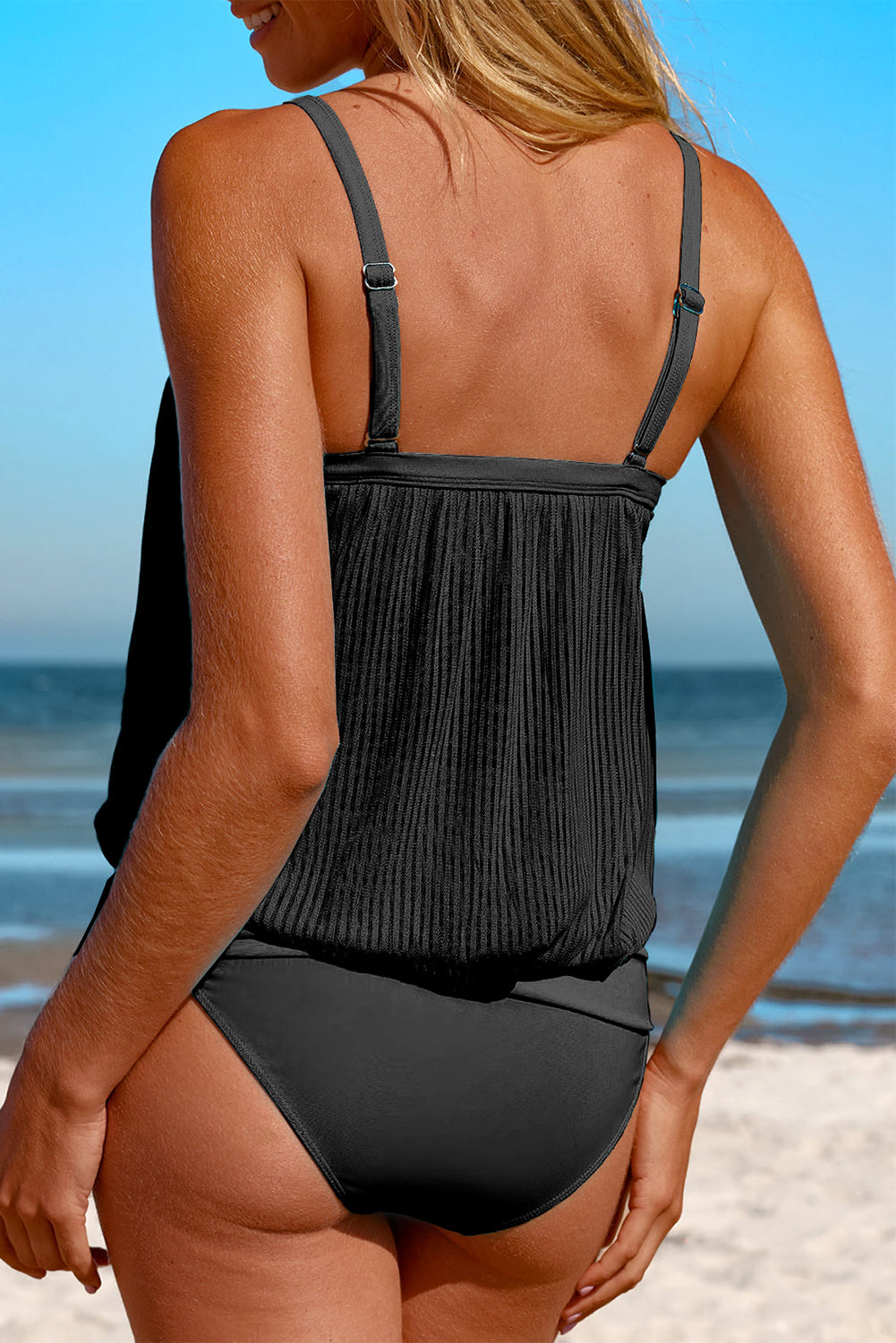 Sheer Striped Mesh Knotted Hem Built in Bra Tankini Swimsuit