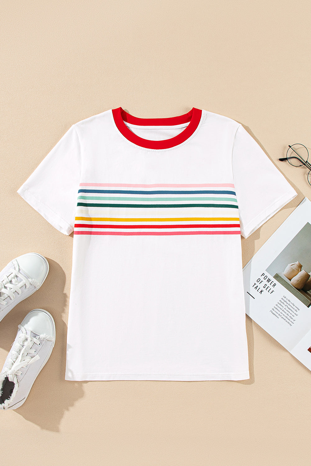 White Rainbow Stripe Graphic Red Trim Crew Neck T-Shirt