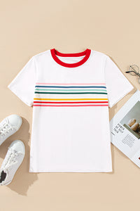 White Rainbow Stripe Graphic Red Trim Crew Neck T-Shirt
