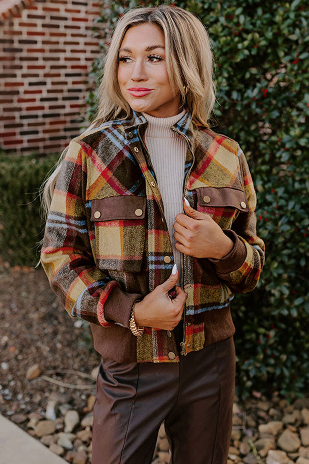 Brown Plaid Stand Up Collar Snap Jacket with Chest Pockets