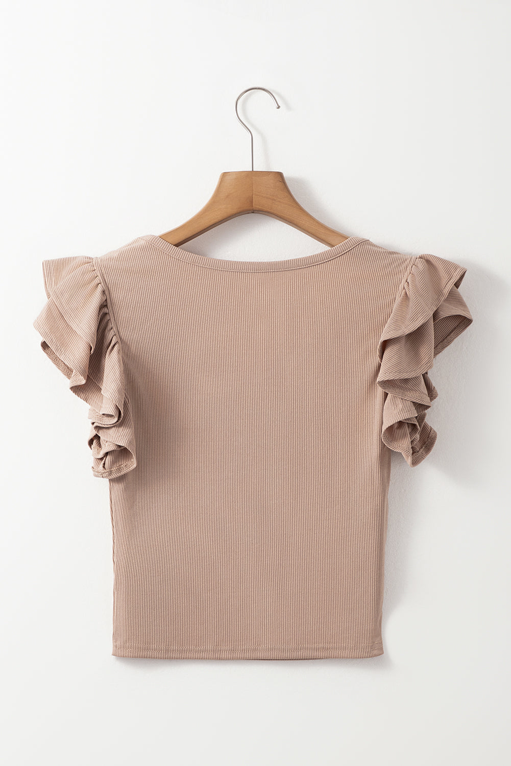 Light Brown Rib Knit Ruffled Cap Sleeve Slim Crop Top