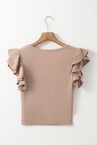 Light Brown Rib Knit Ruffled Cap Sleeve Slim Crop Top