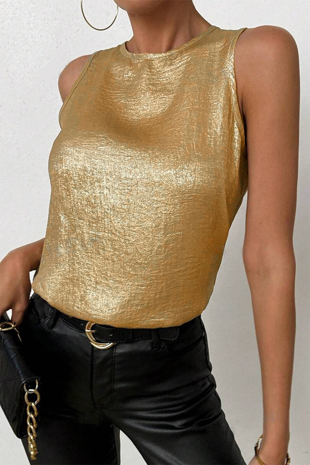 Gold Metallic Textured Round Neck Sleeveless Top