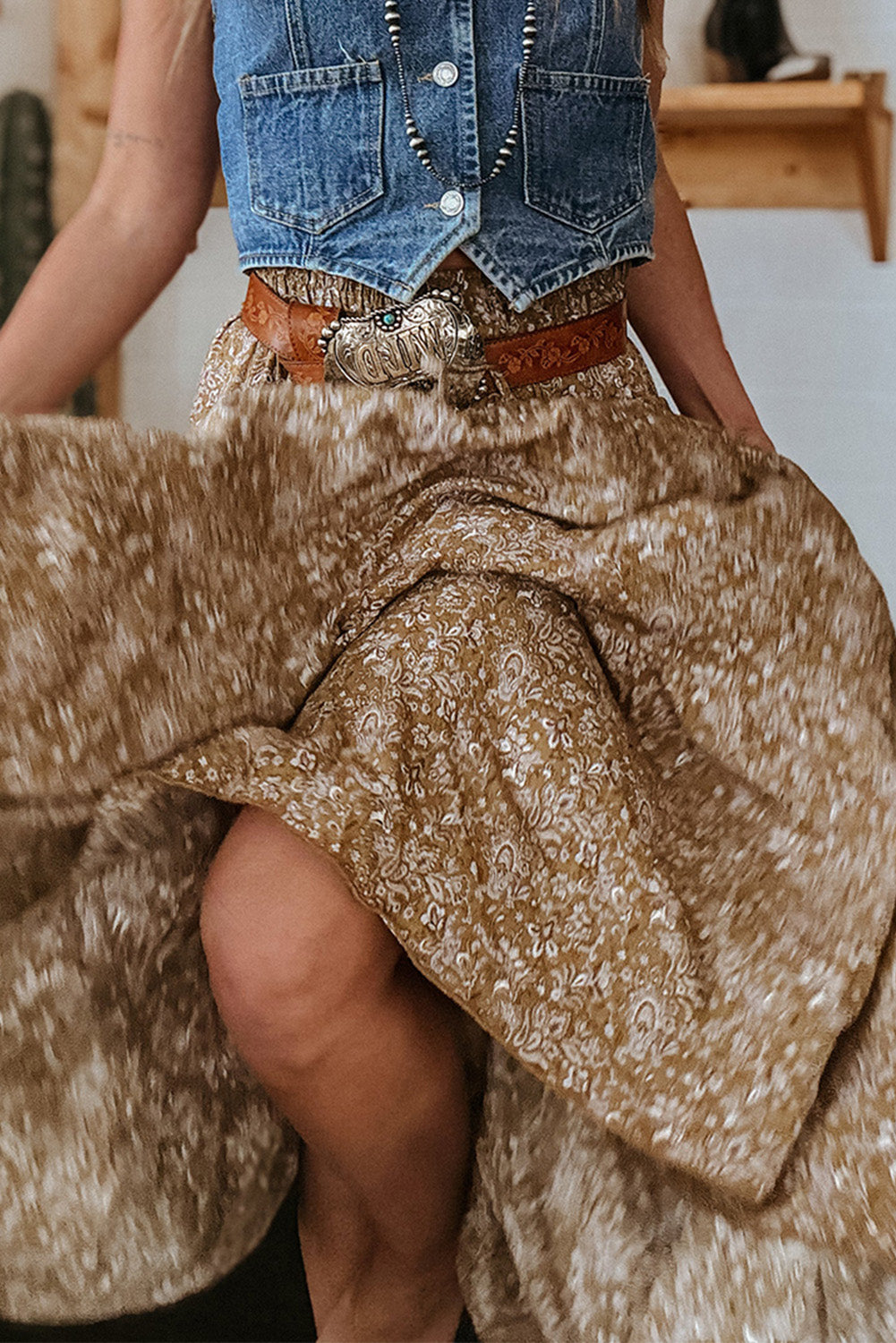 Brown Floral Print Elastic Waist Tiered Maxi Skirt