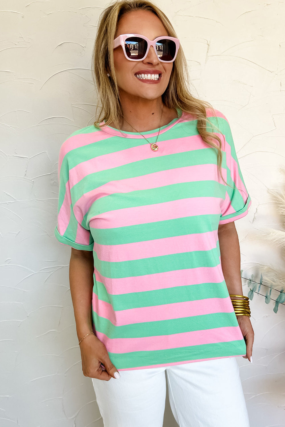 Pink and Mint Stripe Cuffed Sleeve Cotton Tee