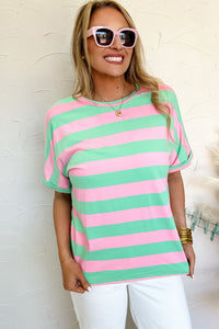 Pink and Mint Stripe Cuffed Sleeve Cotton Tee