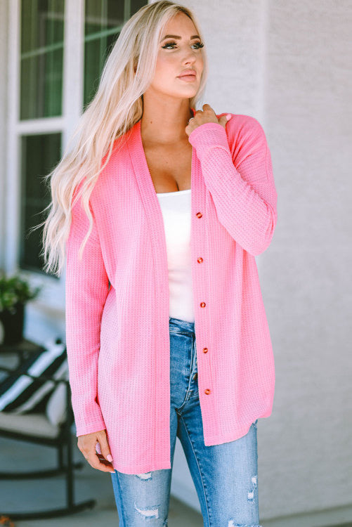 Pink Waffle Knit Button Up V-Neck Cardigan