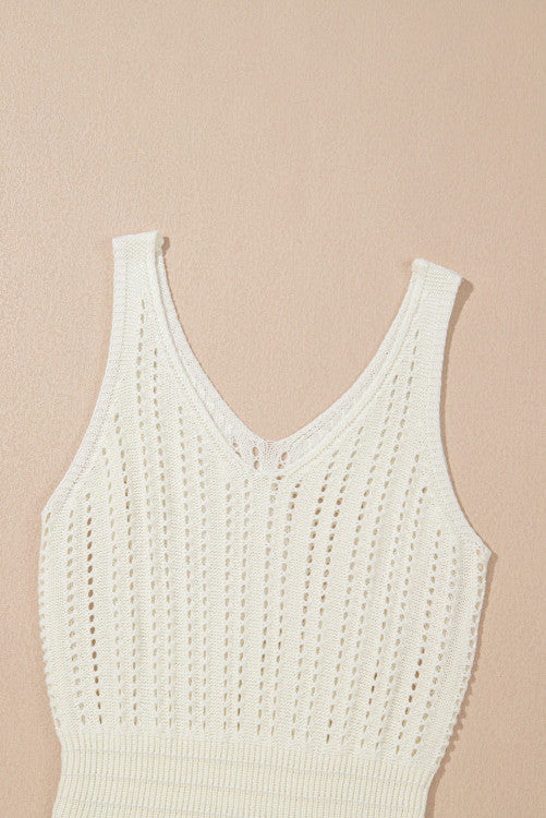 White Open Knit Crochet V-Neck Beach Tank Dress
