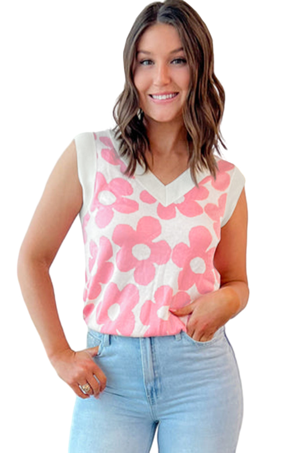 Pink Cute Flower V-Neck Knit Tank Top