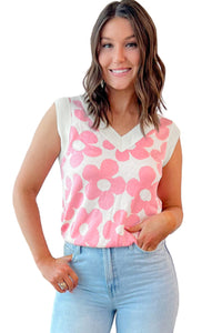 Pink Cute Flower V-Neck Knit Tank Top